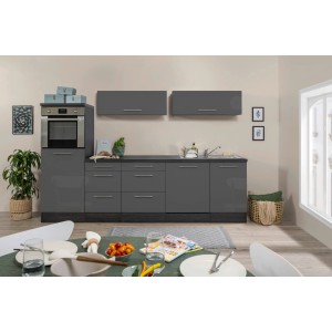 Respekta Premium Inselküche 280 cm in Grau Hochglanz und Eiche Grau. Moderne Einbauküche mit Kochinsel.