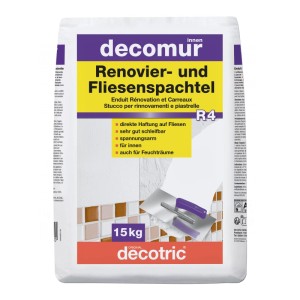decomur Renovier- und Fliesenspachtel R4, 15kg Sack. Geeignet zum Ausbessern, Glätten, Füllen und Verfugen von Fliesen.