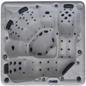 Draufsicht: Nordlys Whirlpool Ruby mit 2 Liegen und 4 Sitzen, weiß-grau, mit Massagedüsen.