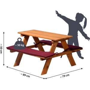 Kinder-Sitzbank aus Holz für 4 Kinder mit roten Sitzkissen, ideal für den Garten.