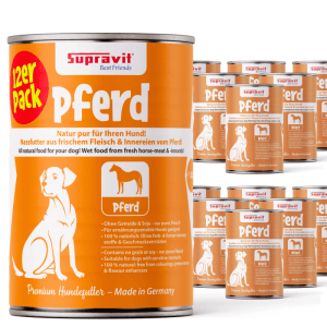 12er Pack Supravit Hundenassfutter Pferd, orange Dosen mit Hund- & Pferd-Illustration, getreidefrei.