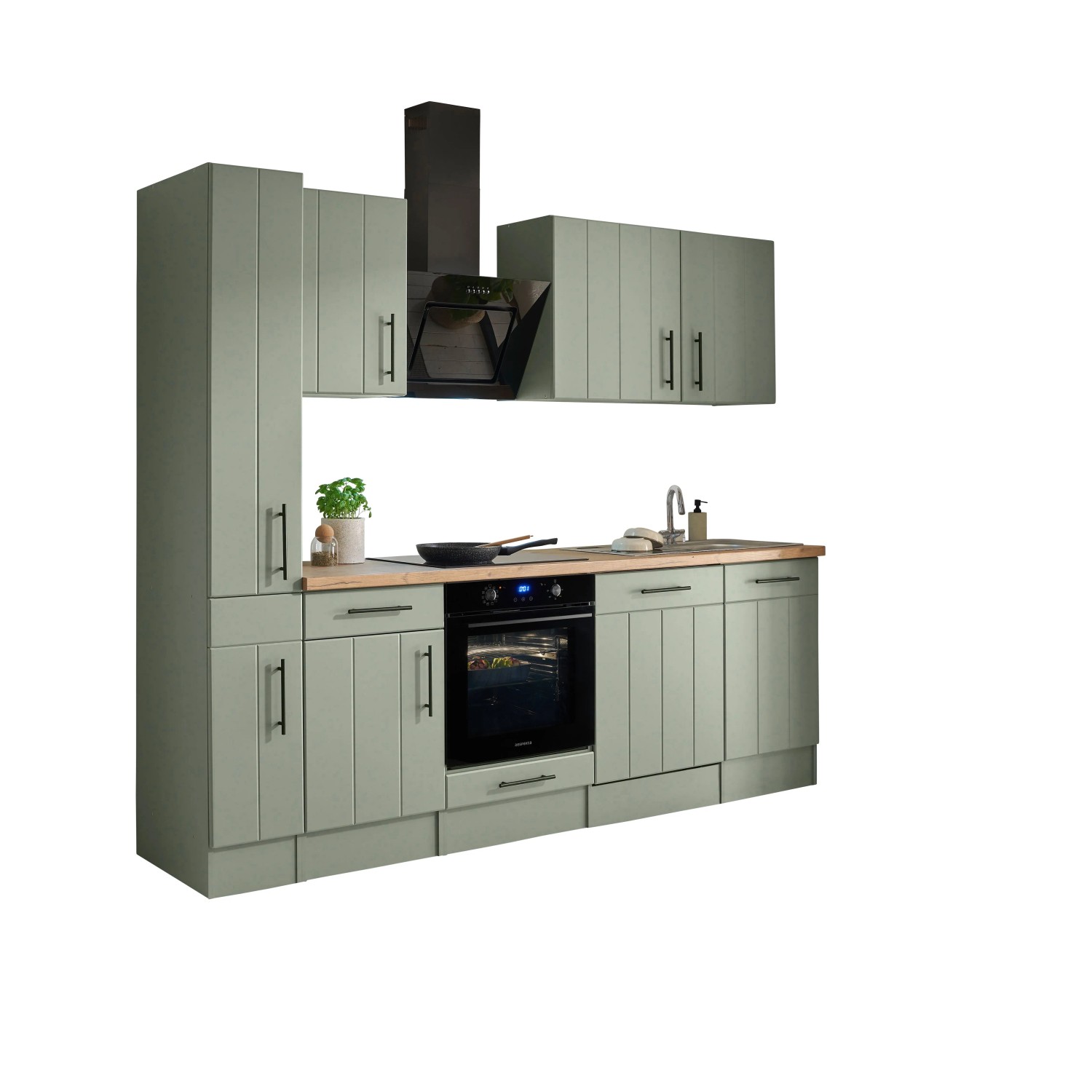 Respekta Küchenzeile Anton Landhaus Schilfgrün 250 cm mit Induktionskochfeld und E-Geräten.