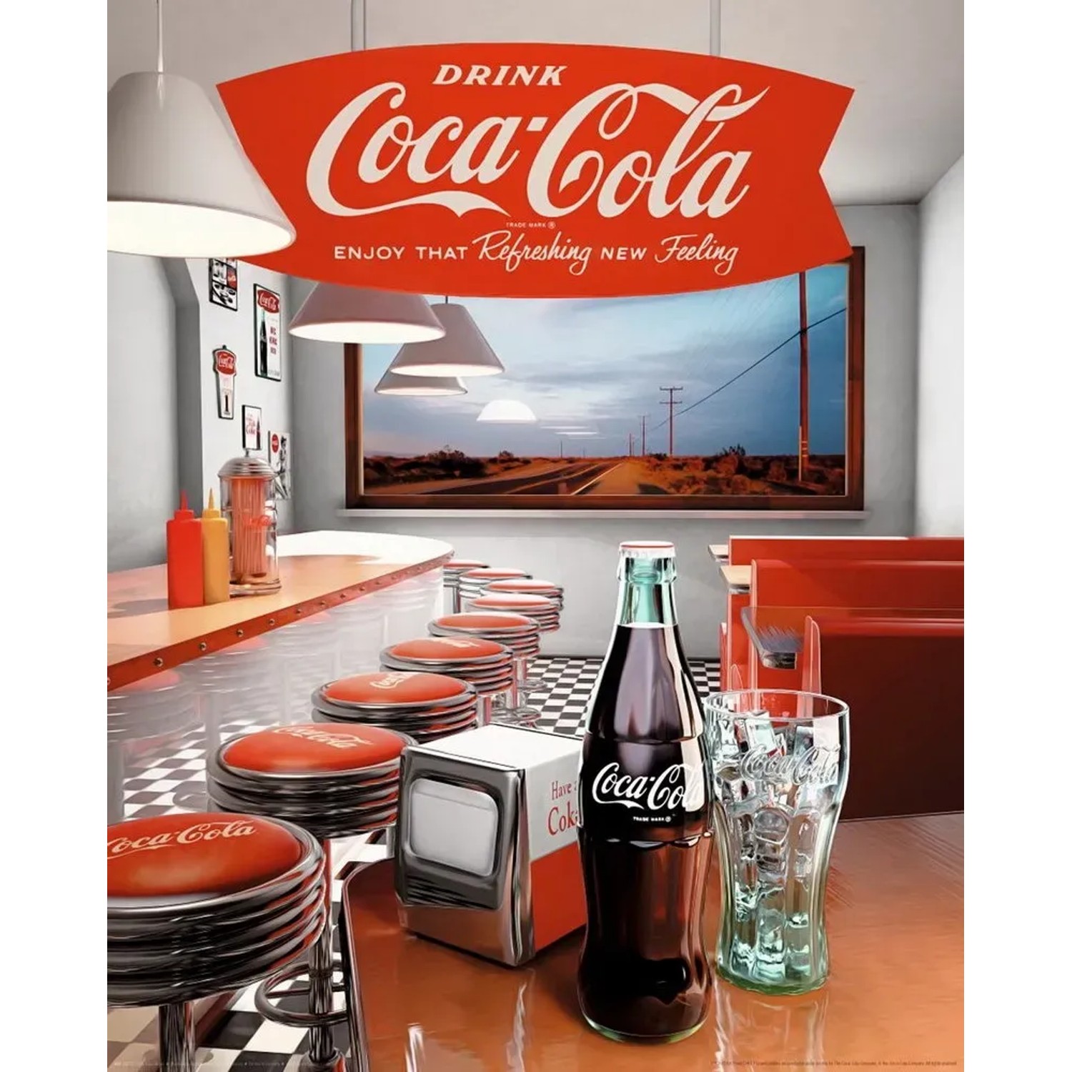 Fertigbild Deco Panel mit Coca-Cola Retro Diner Motiv, 40x50 cm. Wandbild mit Barhockern, Flasche und Glas.