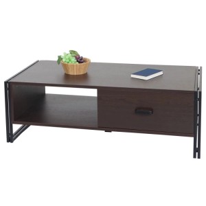 Dunkelbrauner MCW Couchtisch A27 mit Schublade und Ablage, Metallgestell.