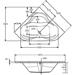 Technische Zeichnung Ottofond Whirlpool Lucia Komfort 140 cm, Maße und Ansichten der Whirlpool-Badewanne.