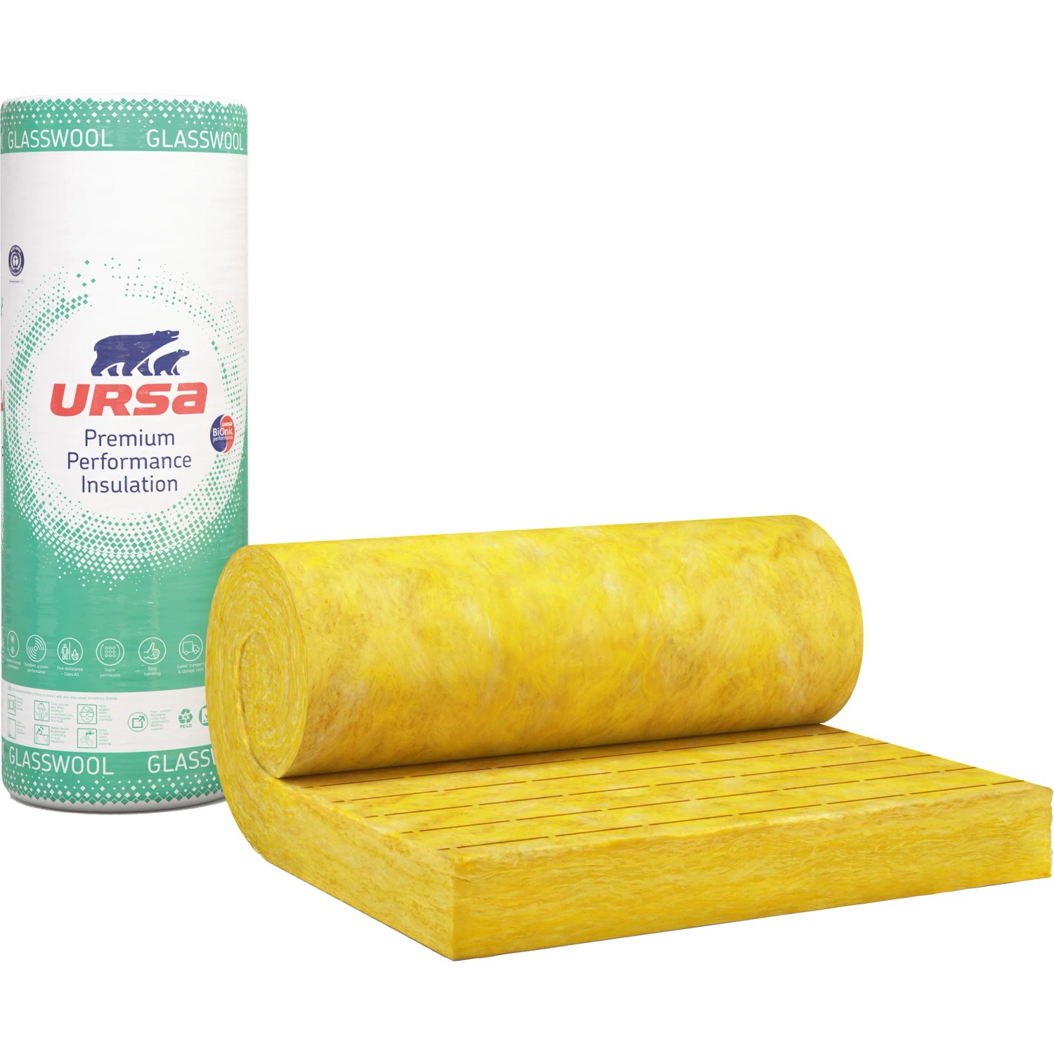 Glaswolle-Dämmung von Ursa, gelbe Rolle und Verpackung. Ideal für Dach- und Deckenisolierung.