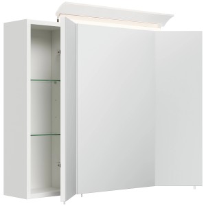 Posseik Spiegelschrank, 80 cm, weiß hochglanz, mit LED-Lampe und Glasböden.