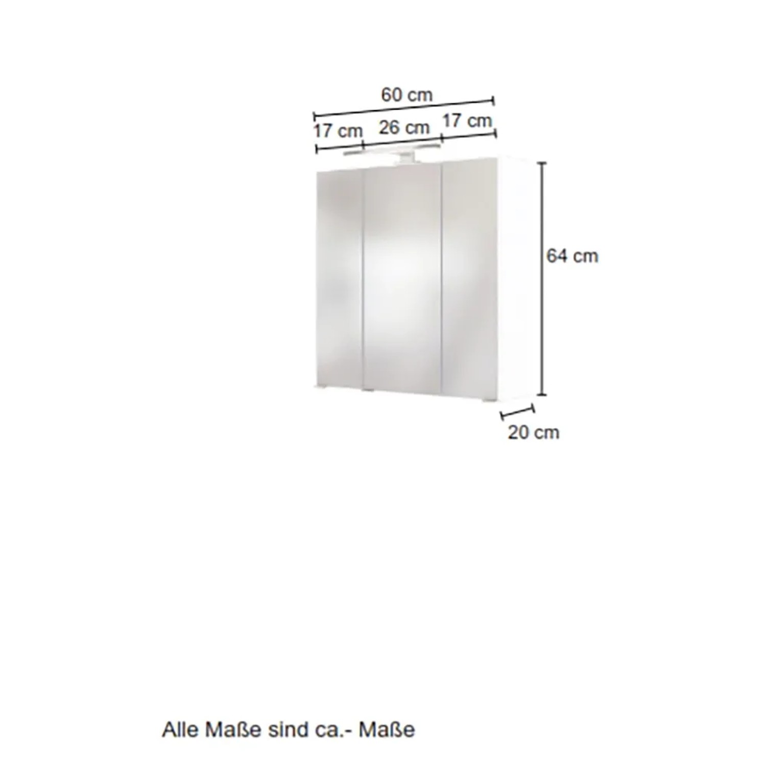 Weißer Held Möbel 3D-Spiegelschrank Monza, 60 cm breit, mit drei Spiegeltüren und Aufsatzleuchte.