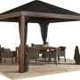Sojag Pavillon Valencia 363 cm x 363 cm Holz mit Moskitonetzen und Gartenmöbeln.