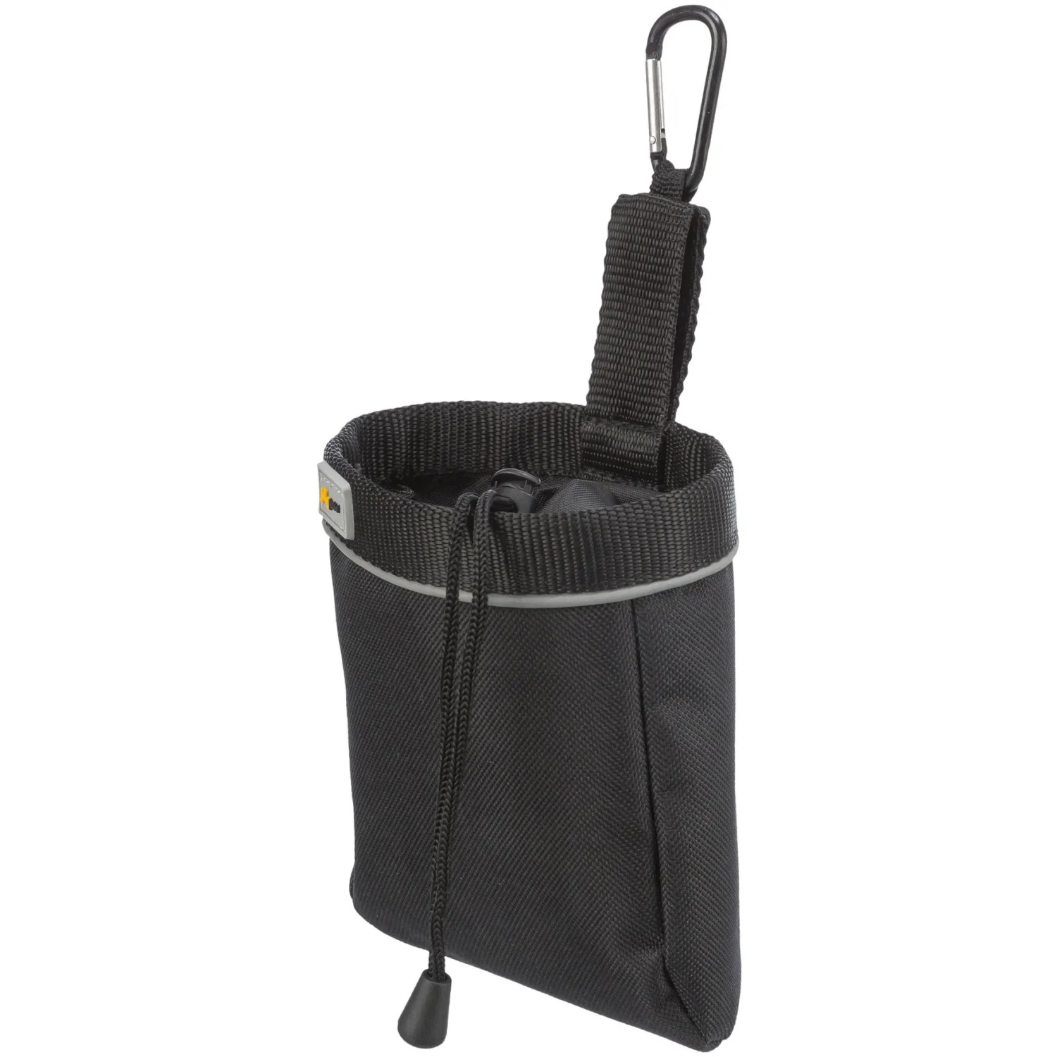 Schwarze Jollypaw Snack-Tasche aus Polyester mit Zugband, Clip und reflektierenden Elementen.