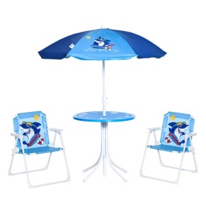 Outsunny Kinder Garten Set: blauer Tisch, 2 Stühle mit Hai-Motiv, Sonnenschirm. Ideal für Spiel & Spaß im Freien.