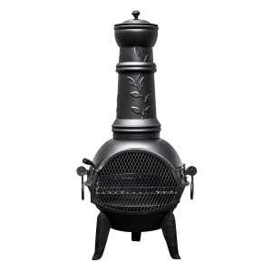 Buschbeck Mexiko-Ofen Leaf 136: Schwarze Stahl-Feuerschale mit Grillfunktion und Blattmuster.