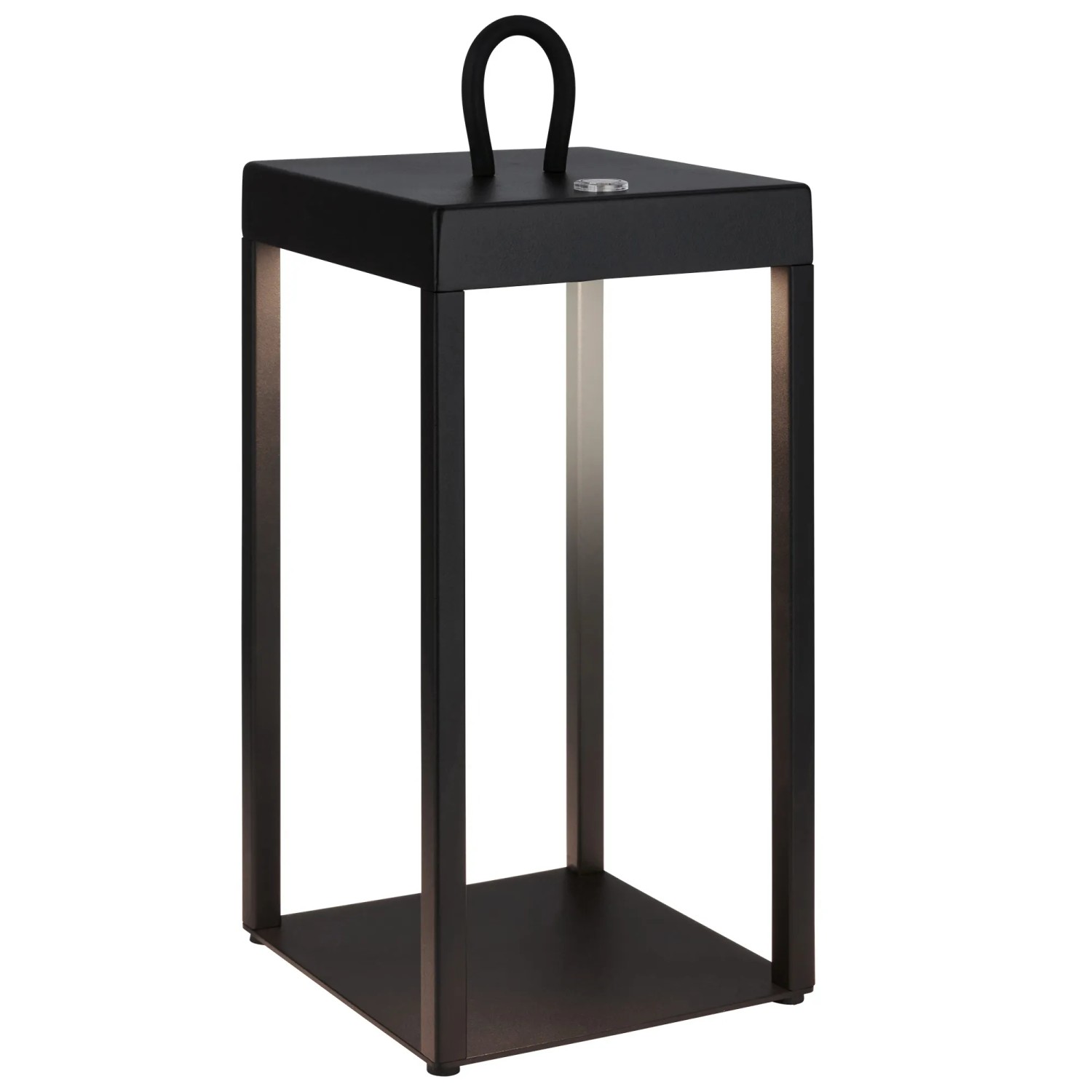 Schwarze, dimmbare LED Laterne Luca von Brilo, spritzwassergeschützt und mit Tragegriff.