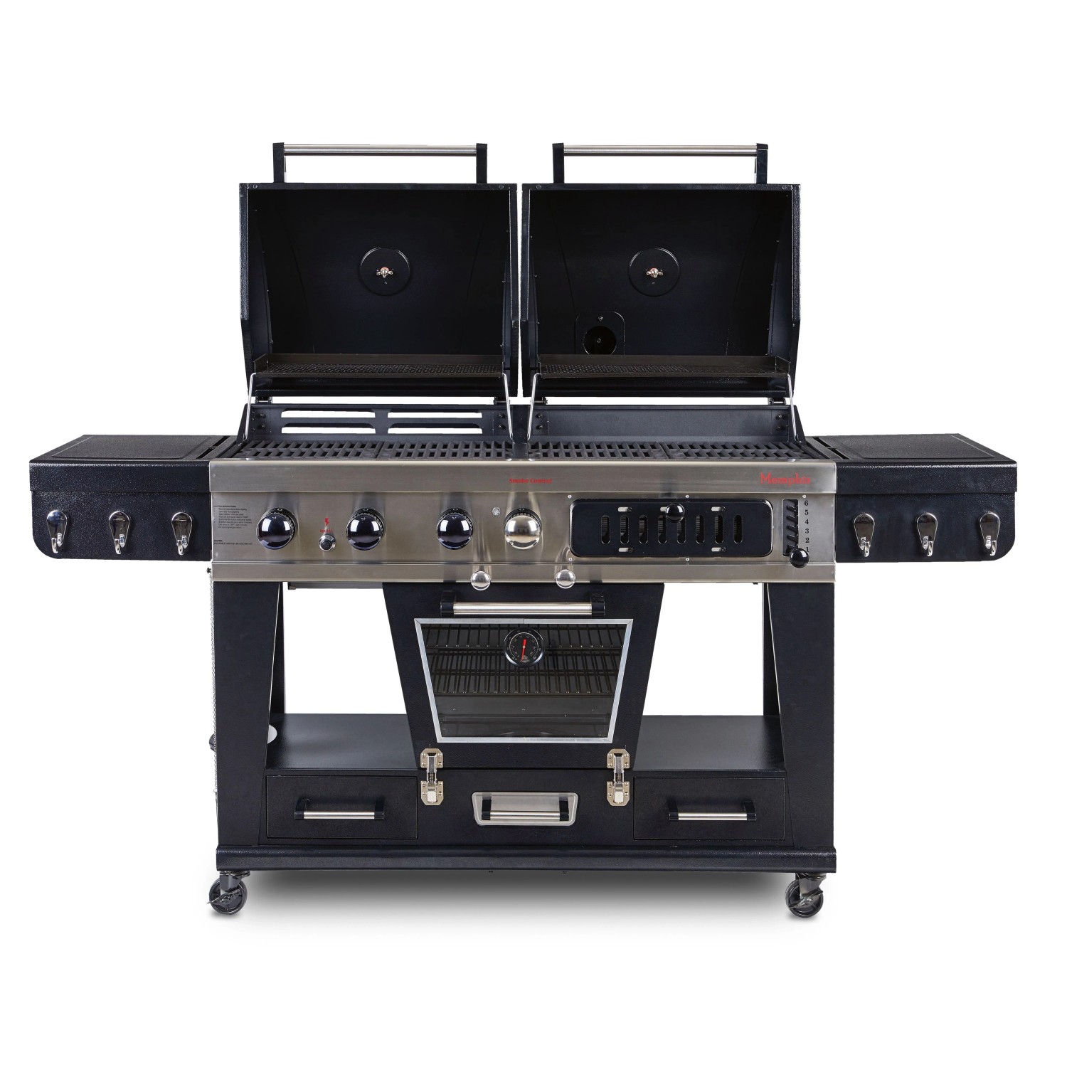 Pit Boss Memphis Ultimate Kombi-Grill: Gas- und Holzkohlegrill mit Smoker, Frontansicht mit geöffneten Deckeln.
