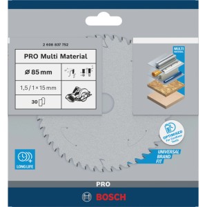 Bosch Kreissägeblatt Standard for Multi Material, Ø 85mm, 30 Zähne. Für Akkusägen, Holz, Metall, Kunststoff.