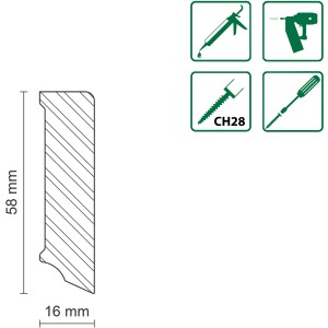 Profilzeichnung FN Neuhofer Sockelleiste S0583 Eiche Natur, Maße 16x58mm, Montagehinweise.