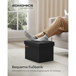 Schwarze Songmics Sitzbank Minota mit Stauraum als Fußablage genutzt.