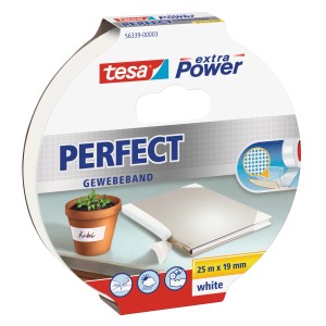 Tesa Extra Power Perfect Gewebeband, weiß, 25m x 19mm. Vielseitiges Klebeband zum Basteln, Reparieren und Befestigen.