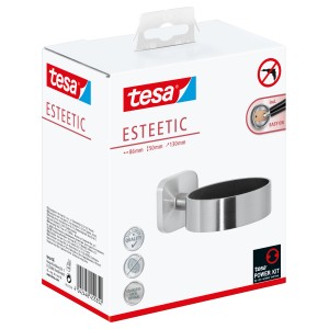Verpackung des Tesa Fönhalter Esteetic in Edelstahloptik. Bad-Accessoire zur Wandmontage ohne Bohren.