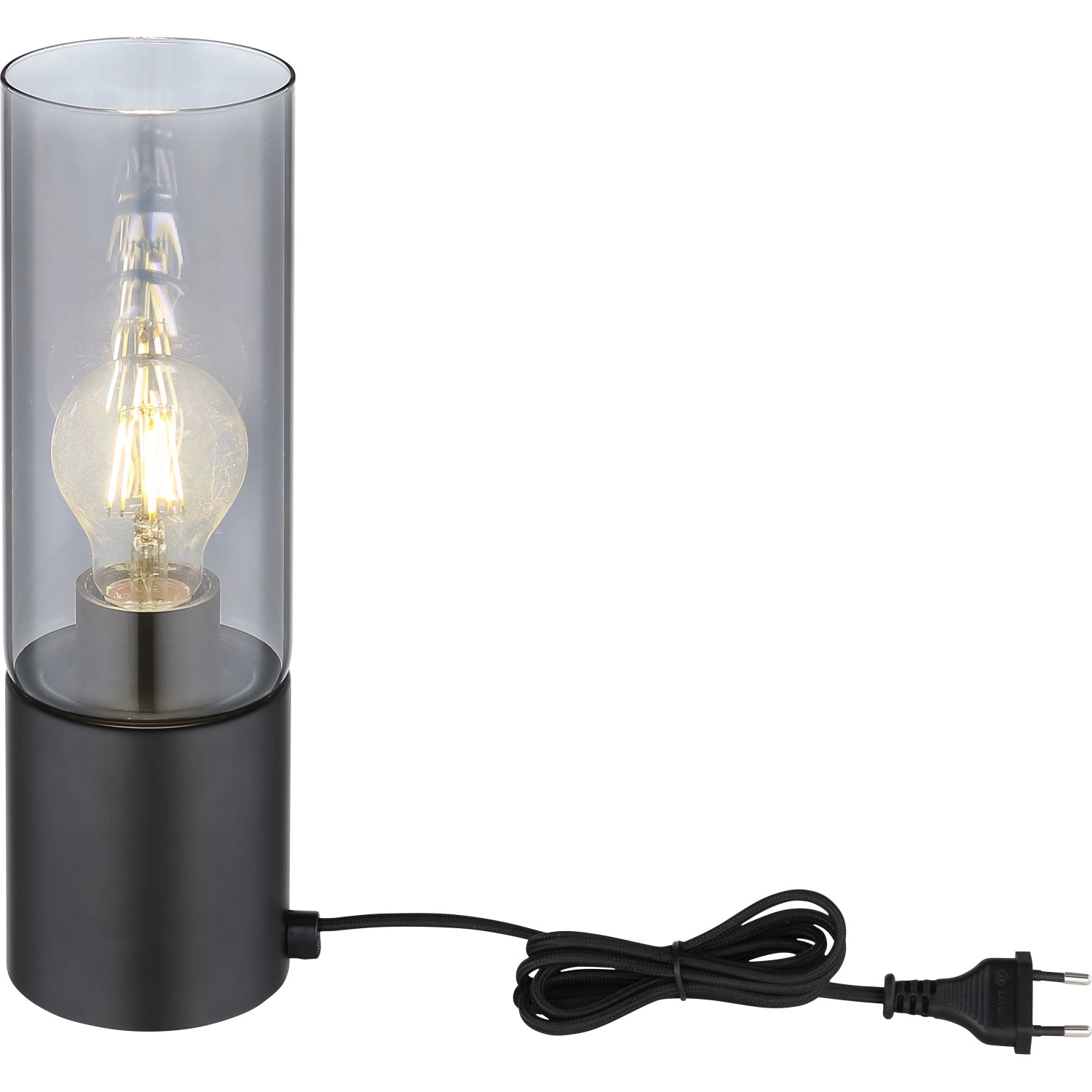 Schwarze Globo Design-Tischlampe Annika mit Rauchglas-Schirm, 30cm hoch.