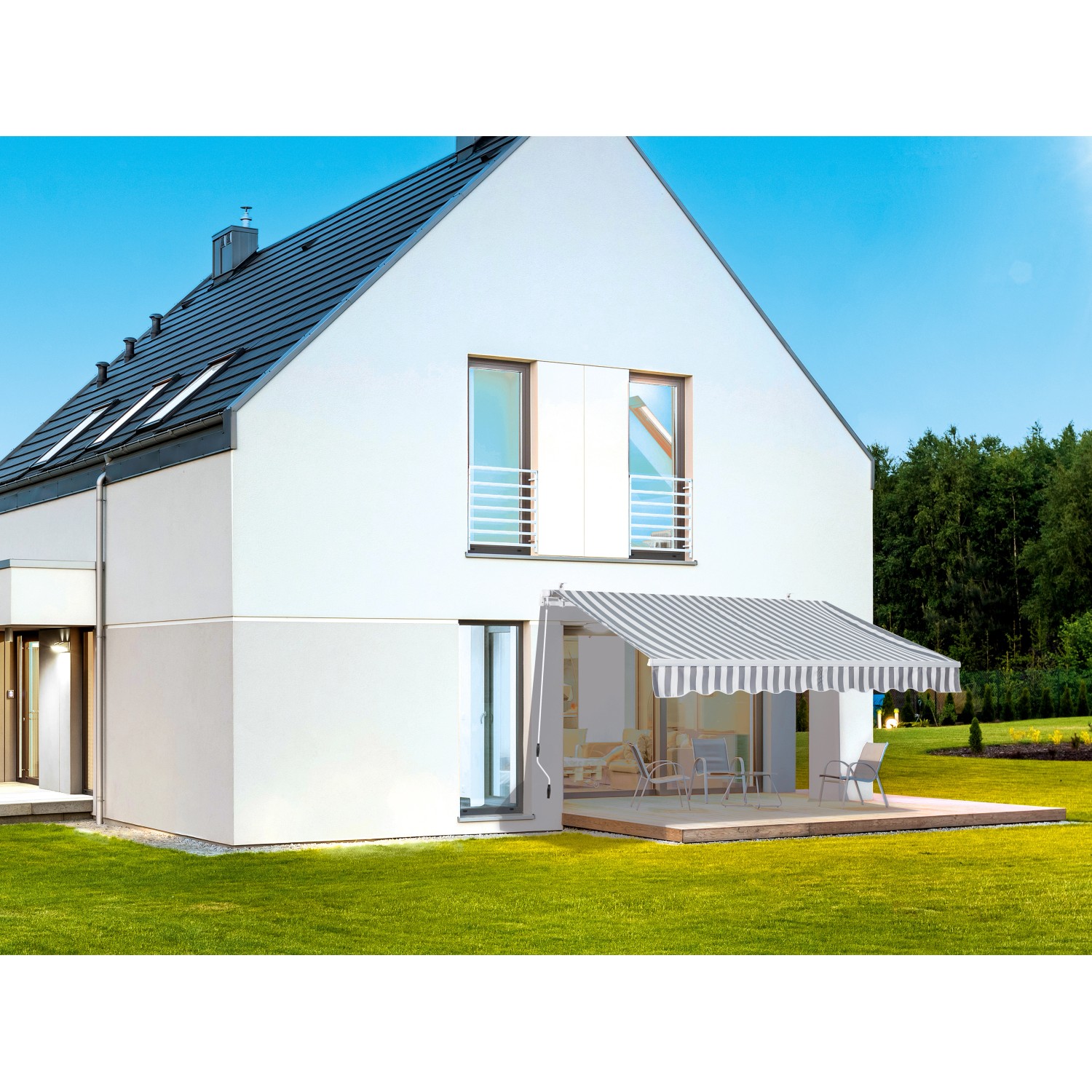 Gelenkarmmarkise Aventura 3x2m Grau-Weiß am Haus montiert, für Terrasse oder Balkon.