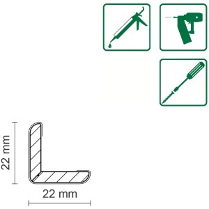 Abbildung einer weißen FN Neuhofer Winkelleiste (22x22 mm) aus MDF mit Montagehinweisen.