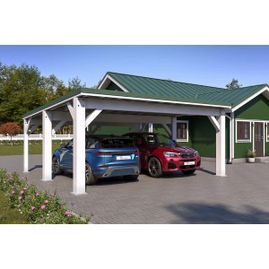 Holzbrüder Carport Ralf 36 in Reinweiß/Dornengrün mit zwei parkenden Autos.