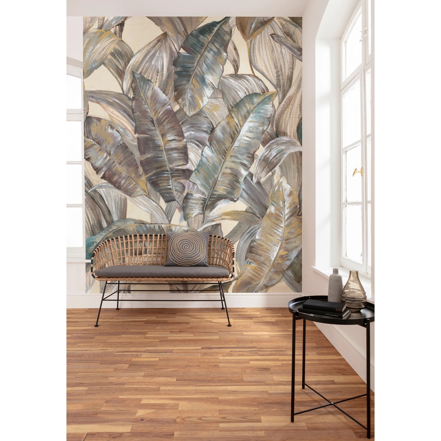 Komar Fototapete Graceful Gold mit tropischen Blättern in Goldtönen, 200x250 cm.