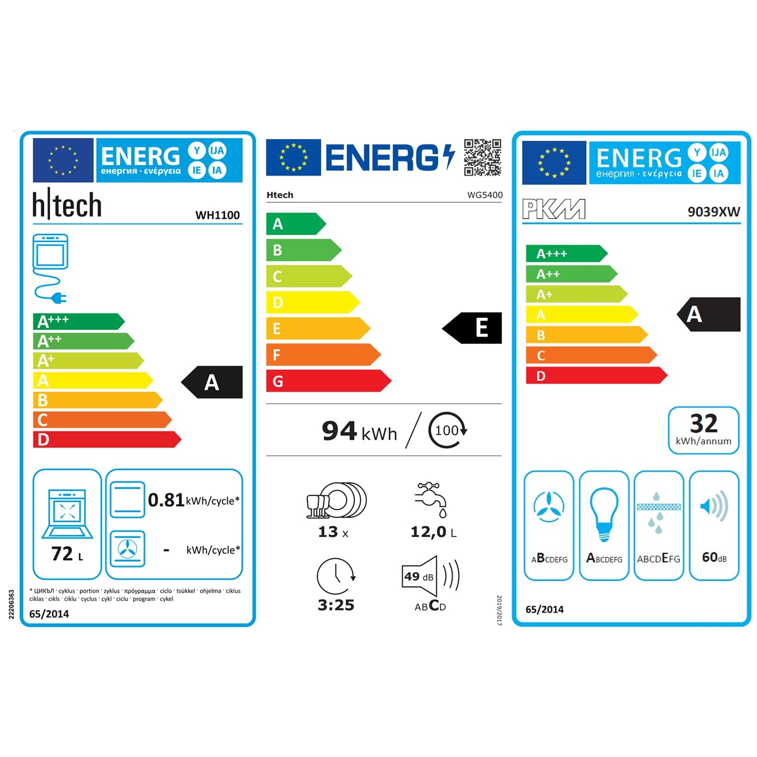 Energieetiketten von Geschirrspüler und Backofen mit Effizienzklassen und Verbrauchsangaben.