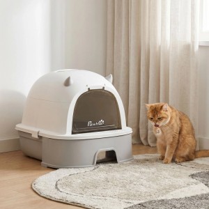 PawHut Katzenklo Grau/Weiß mit herausziehbarer Edelstahlschale und Gitterstufe. Geschlossenes Design für Katzen.