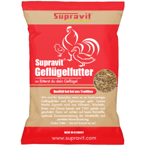 Rote/beige Supravit Geflügelkörnerfutter-Tüte mit Huhn, Küken, Ente und Körnermischung. Alleinfuttermittel für Geflügel.