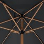 Detailaufnahme: Anthrazitfarbener Doppler Balkonschirm Wood mit Holzgestell und Kurbelmechanik.