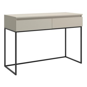 Moderner Schminktisch Bemmi in Greige mit zwei Schubladen und schwarzem Metallgestell für Kosmetik.