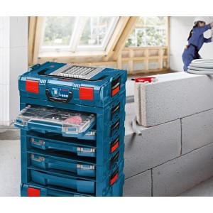 Bosch Professional i-Boxx Shelf Aufbewahrungssystem mit mehreren Schubladen und Deckel.