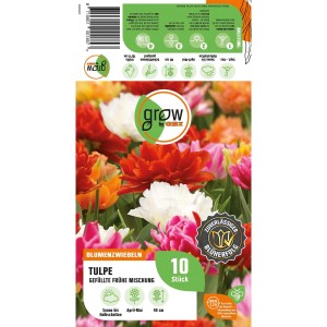 Verpackung GROW by OBI Pfingstrosen-Tulpen Mischung, gefüllte Tulpen in rot, rosa und weiß.