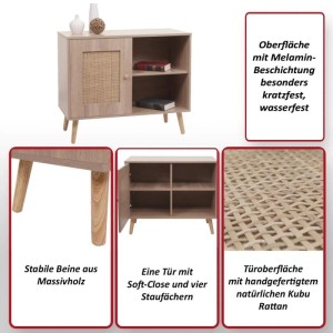 MCW Kommode M39: Sideboard mit Rattan-Tür, Holzfüßen und Fächern.
