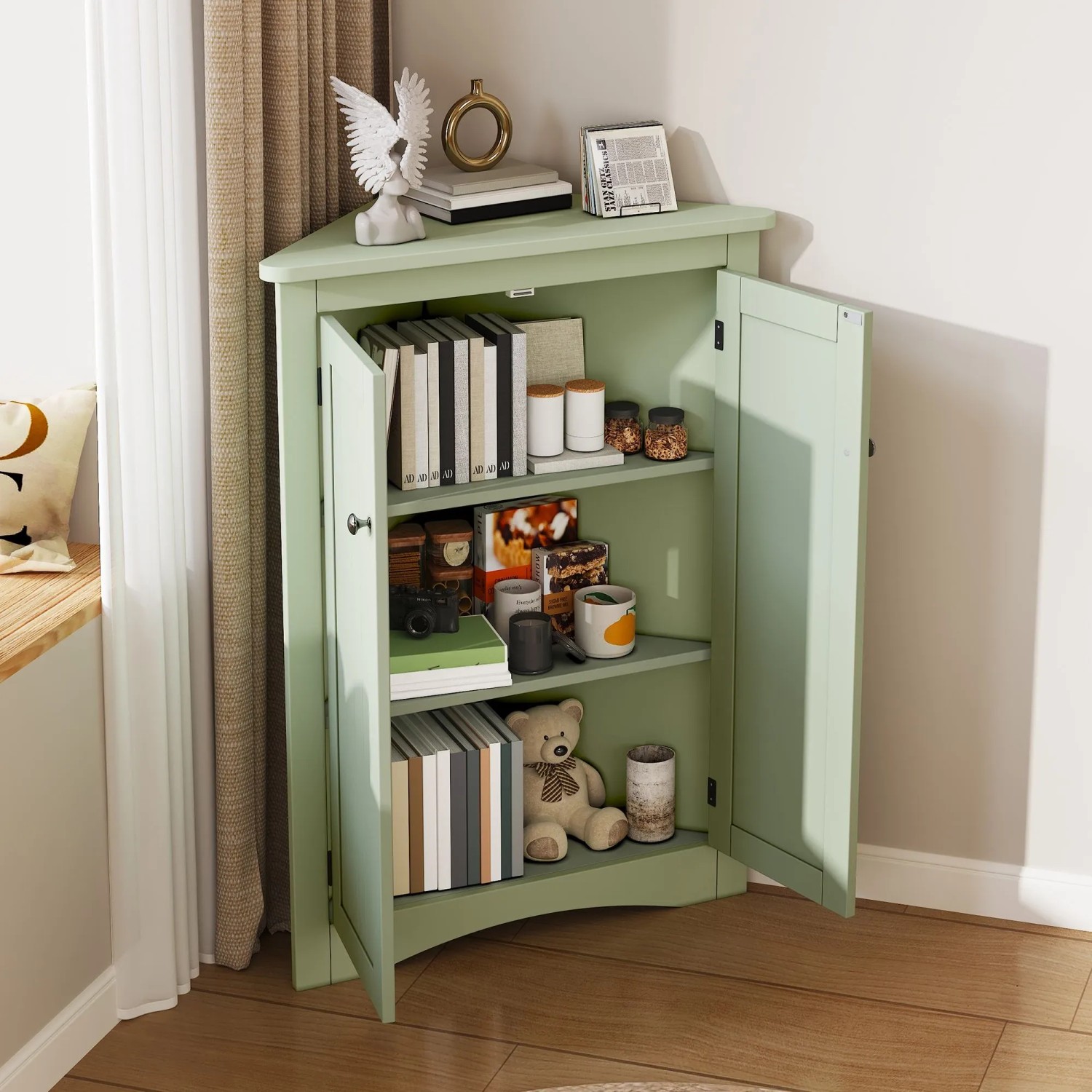 okwish Eckschrank mit 2 Türen 3 Ebenen Lackoberfläche Dreiecksschrank 61.5x80cm Grün_6
