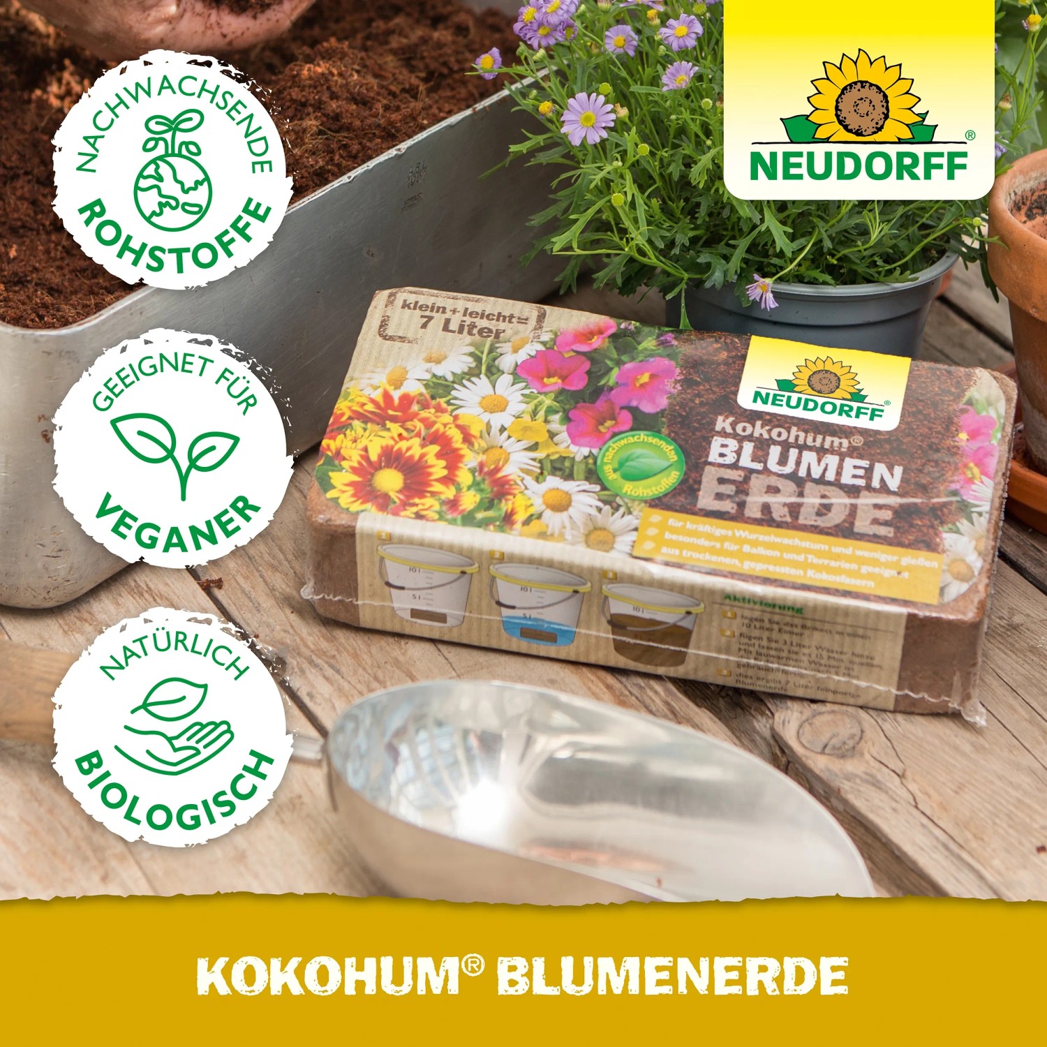 Neudorff Kokohum Blumenerde Brikett (7 l) mit Hinweisen zu Inhaltsstoffen und Anwendung.