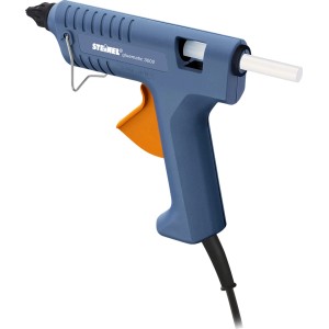 Steinel Klebepistole Gluematic 3002, blau, mit orangefarbenem Abzug und Klebestick.