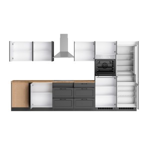 Moderne Winkelküche Kempten in Grau/Graphit mit E-Geräten und Holzarbeitsplatte.