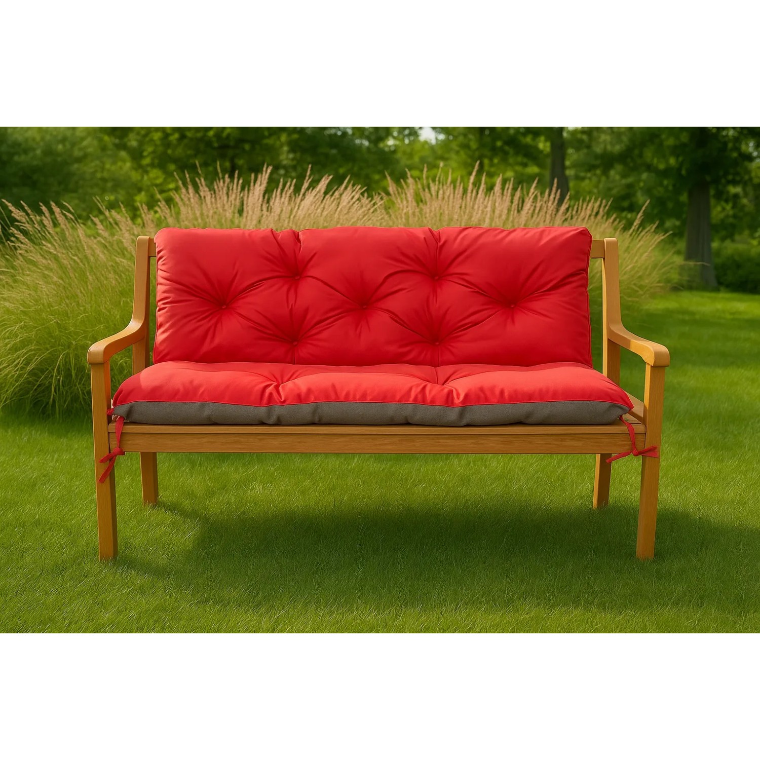 Setgarden Bankauflage rot/grau für 3-Sitzer Gartenbank. Dickes Sitz- und Rückenkissen auf Holzbank im Garten.
