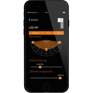 App-Ansicht zur Steuerung der Steinel LED-Gartenleuchte GL 80, Einstellung von Reichweite und Dämmerung.