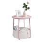 Rosa-weißer Vasagle Beistelltisch mit Stoffkorb, ideal als Nachttisch oder kleiner Couchtisch.
