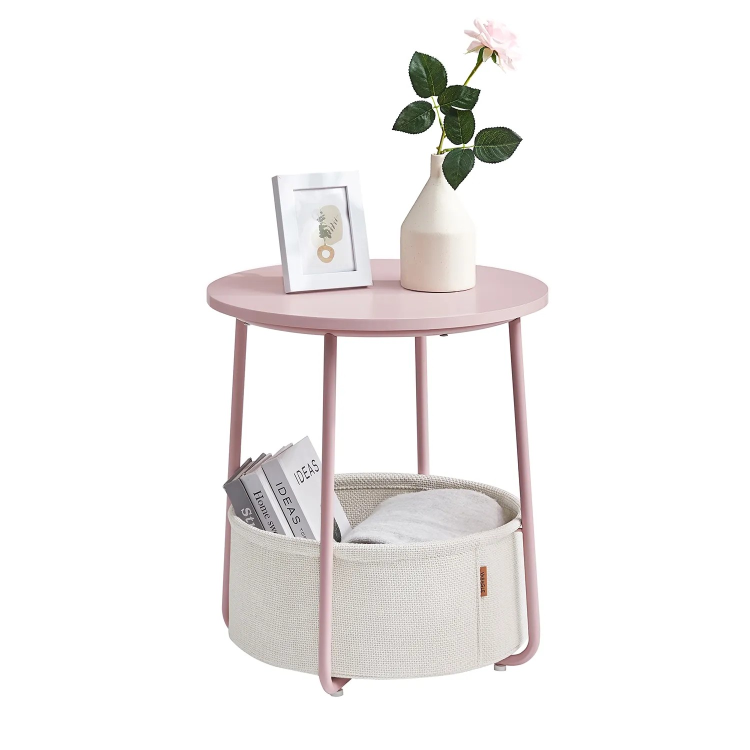 Rosa-weißer Vasagle Beistelltisch mit Stoffkorb, ideal als Nachttisch oder kleiner Couchtisch.