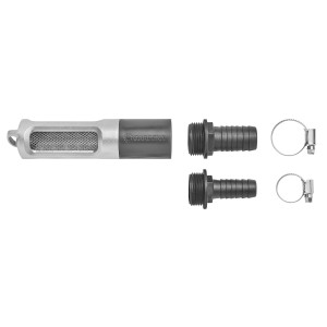 Gardena Saugfilter-Set mit Rückflussverhinderer, bestehend aus Filter, Schlauchanschlüssen und Klemmen.