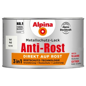 Dose Alpina Metallschutz-Lack Anti-Rost Weiß matt, 300ml. Rostschutzlack für Eisen- und Nichteisenmetalle.