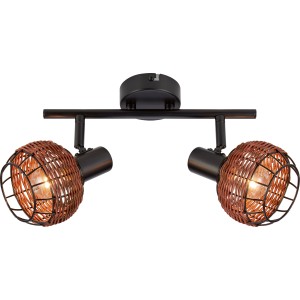 2-flammige Deckenleuchte Buia mit Rattan-Schirmen in Braun und schwarzer Halterung.