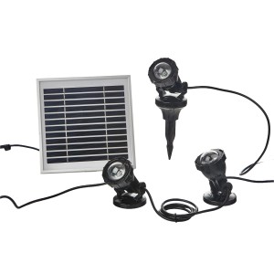 Heissner Solar Teichbeleuchtung Set mit 3 Spots, Erdspießen und Solarpanel für Garten und Teich.