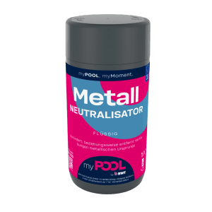 myPOOL Metallneutralisator, 1 l, flüssig, in dunkelgrauer Flasche mit pink-blauem Etikett für Poolwasser.