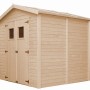 Timbela Holz-Gartenhaus M351+M351G mit Anbau, quadratischen Fenstern und Boden.